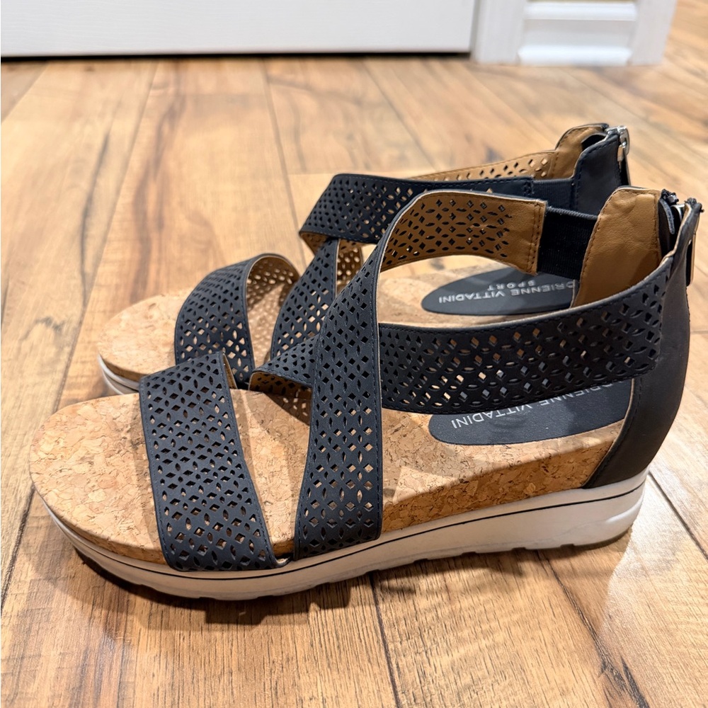 Adrienne Vittadini Black Perforated Cork Wedge Sandals